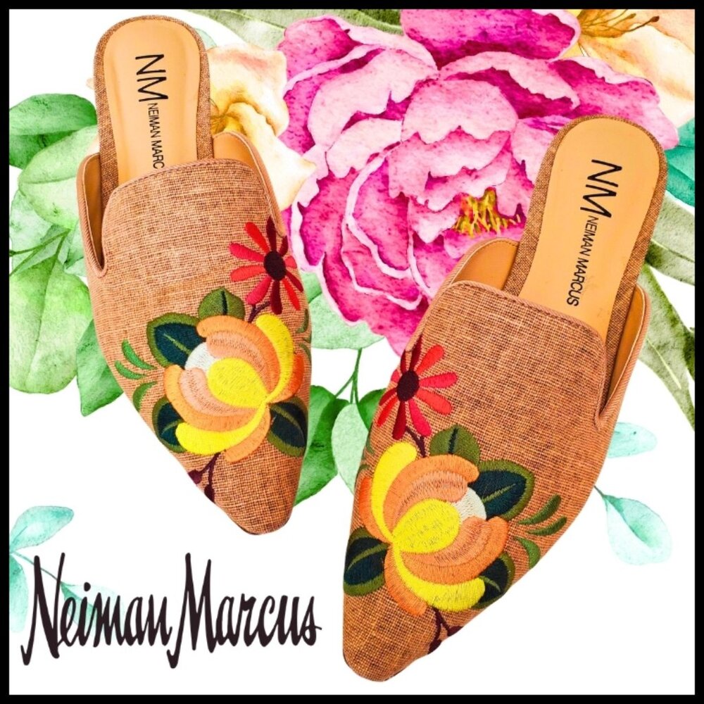 EUC Neiman Marcus Embroidered Canvas Slip-On Mules